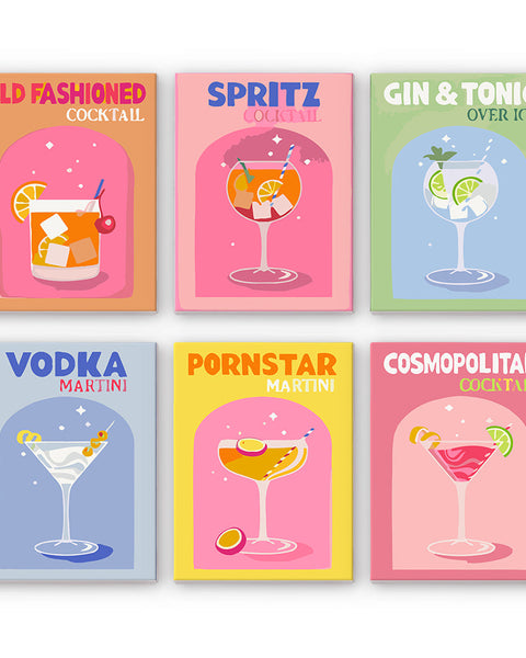 Cocktail Cuties Paint by Numbers Kit by Artspark featuring six mini-canvas designs of popular cocktails: Old Fashioned, Spritz, Gin & Tonic, Vodka Martini, Pornstar Martini, Cosmopolitan.