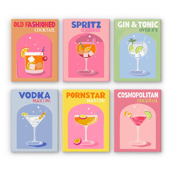 Cocktail Cuties Paint by Numbers Kit by Artspark featuring six mini-canvas designs of popular cocktails: Old Fashioned, Spritz, Gin & Tonic, Vodka Martini, Pornstar Martini, Cosmopolitan.