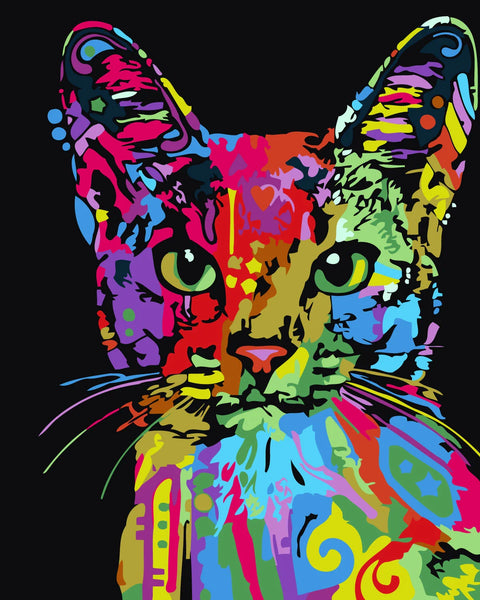 Colorful abstract painting of a cat with vibrant psychedelic patterns