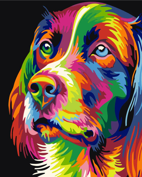 Colorful abstract dog portrait with vibrant hues on black background