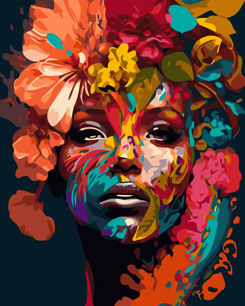Vibrant abstract portrait of a woman with colorful floral elements