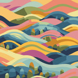 Colorful abstract landscape painting with rolling hills and vibrant waves