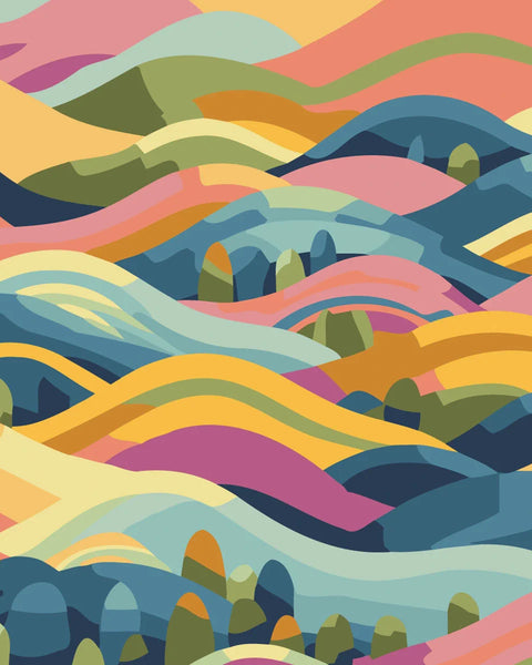 Colorful abstract landscape painting with rolling hills and vibrant waves