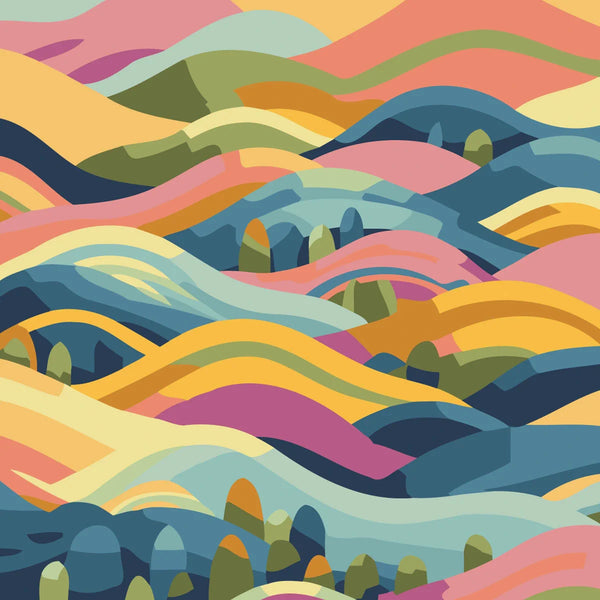 Colorful abstract landscape painting with rolling hills and vibrant waves