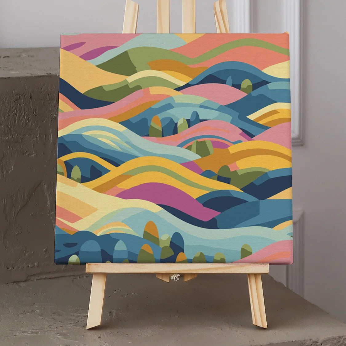 Colorful abstract landscape painting with rolling hills and vibrant waves