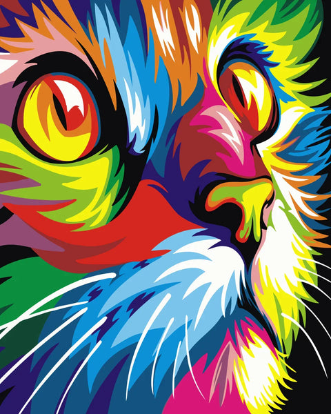 Vibrant abstract painting of a colorful cat's intense gaze