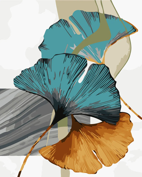 Abstract painting of blue and orange ginkgo leaves with texture