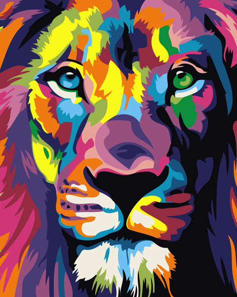 Vibrant multicolored lion painting with bold abstract brushstrokes