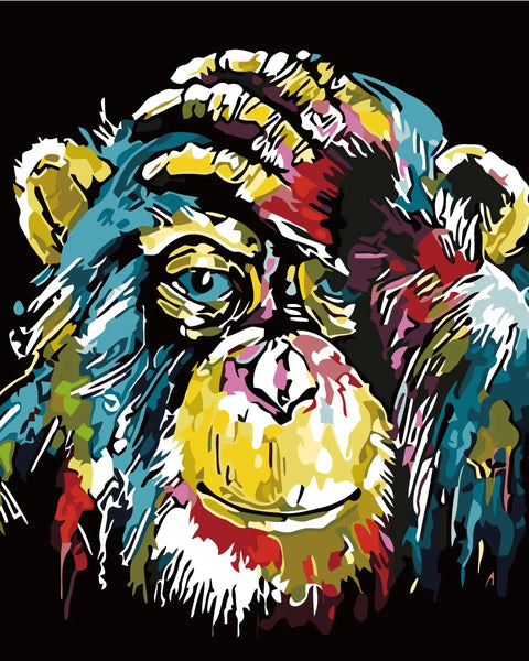 Colorful abstract chimpanzee painting with expressive brush strokes