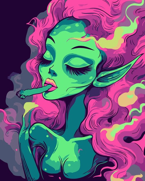 Psychedelic fantasy painting of a green-skinned elf smoking