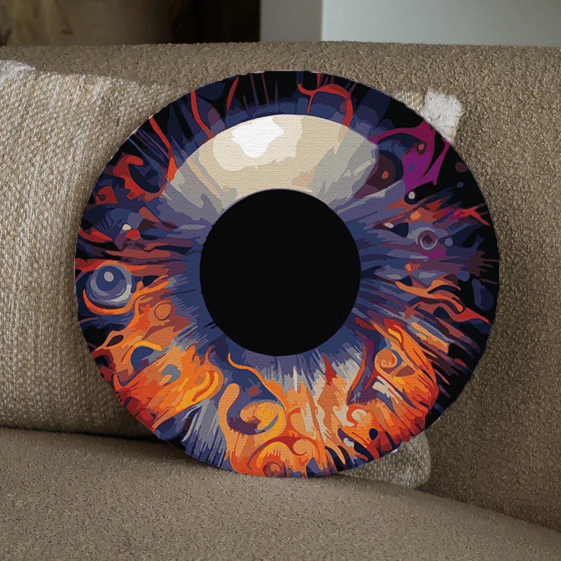 Abstract painting of a human eye with fiery artistic details