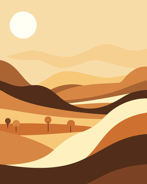 Minimalist landscape painting of rolling desert hills and sun