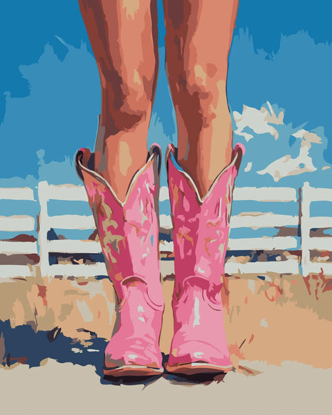 Close-up painting of pink cowboy boots on a ranch background