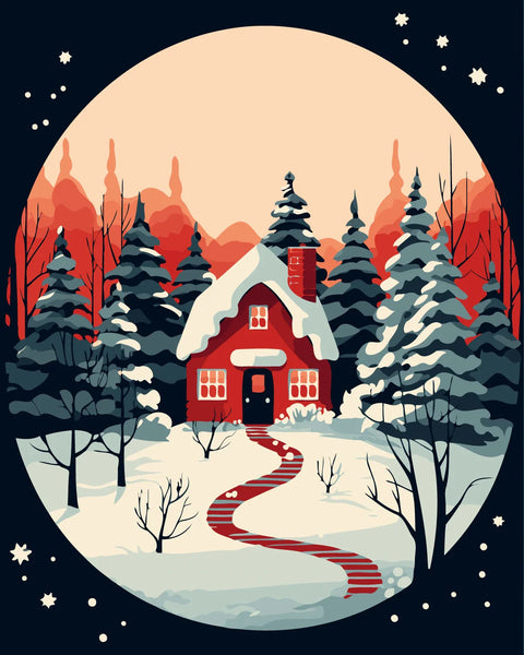 Snowy winter cabin surrounded by pine trees under a glowing moonlit sky
