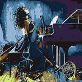 Dramatic painting of a woman with musical instruments and piano