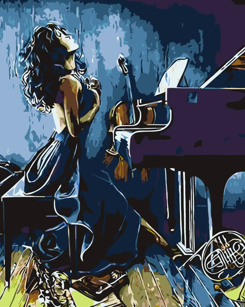Dramatic painting of a woman with musical instruments and piano