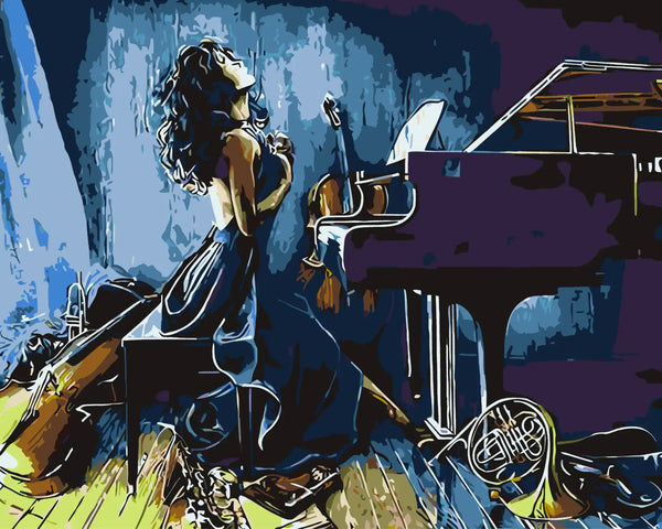 Dramatic painting of a woman with musical instruments and piano