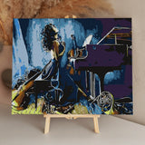Dramatic painting of a woman with musical instruments and piano