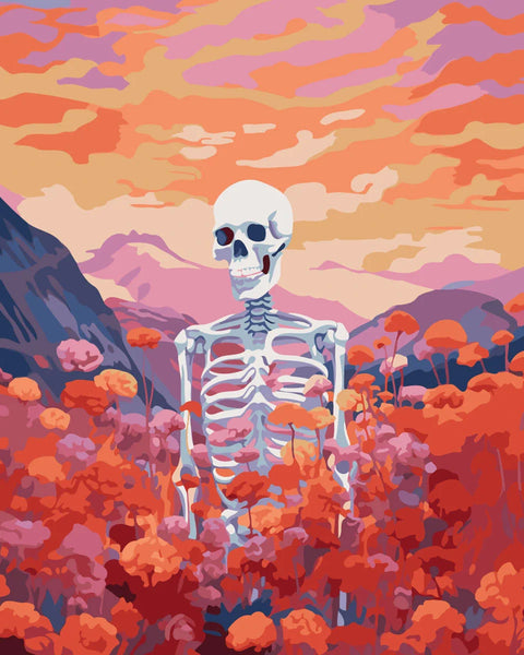 Skeleton standing in vibrant floral field under colorful sunset sky