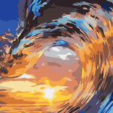 Giant ocean wave crashing with vibrant sunset reflections