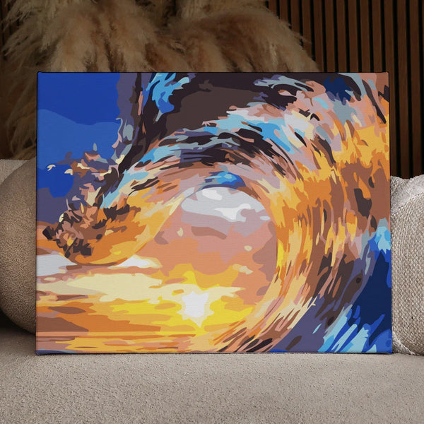 Giant ocean wave crashing with vibrant sunset reflections