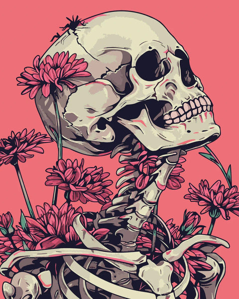 Skeleton with pink flowers growing through bones on pink background