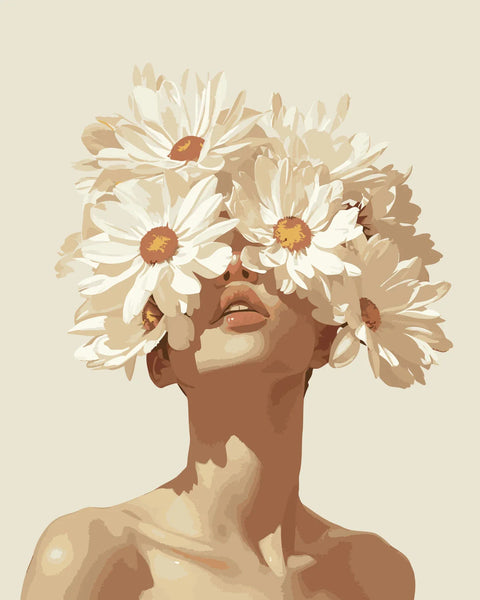 Woman with daisies covering eyes in soft neutral tones painting
