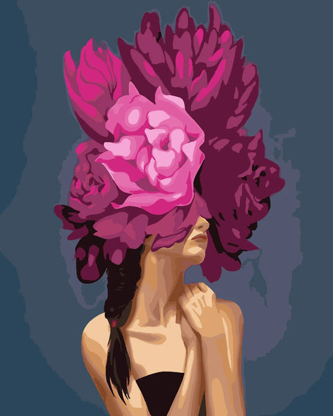 Woman with large pink flowers covering eyes in expressive painting