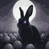 Dark Hare Paint by Numbers Kit featuring a black rabbit with glowing violet eyes under a full moon, surrounded by mysterious Easter eggs.