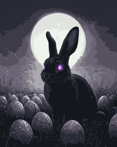 Dark Hare Paint by Numbers Kit featuring a black rabbit with glowing violet eyes under a full moon, surrounded by mysterious Easter eggs.