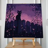 A black cat with glowing eyes sits on a wooden fence under a starry purple night sky, surrounded by mystical foliage and soft moonlight.