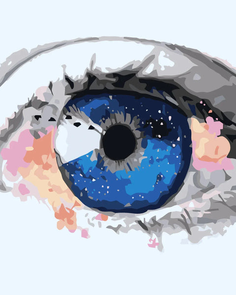 Surreal painting of a blue eye with galaxy-like details