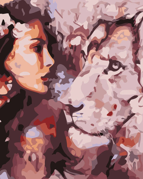 Abstract painting of a woman and a lion facing each other