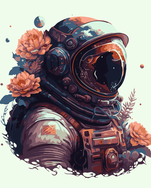 Surreal painting of an astronaut with flowers growing around them