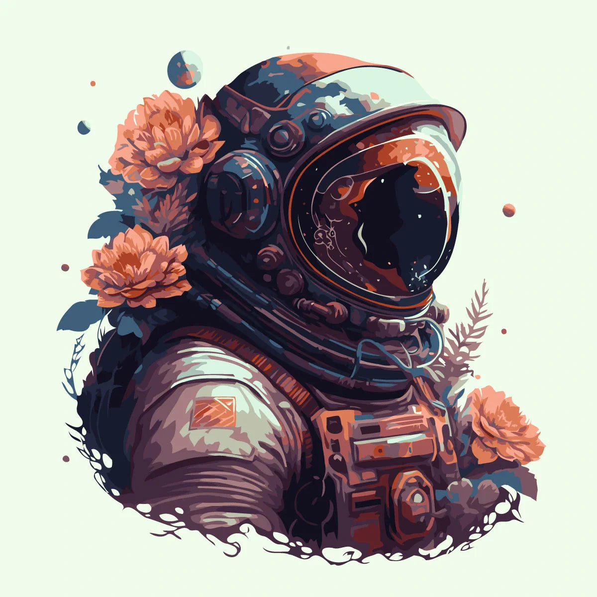 Surreal painting of an astronaut with flowers growing around them