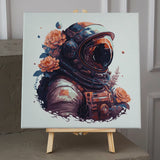 Surreal painting of an astronaut with flowers growing around them