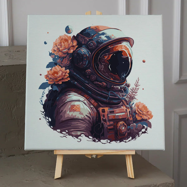 Surreal painting of an astronaut with flowers growing around them