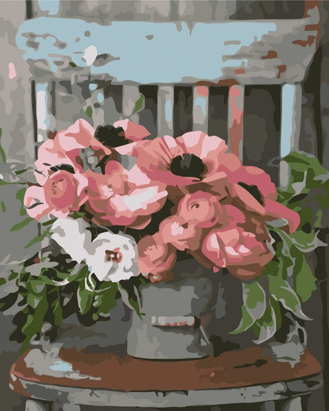Painting of a rustic floral arrangement in a metal vase on chair