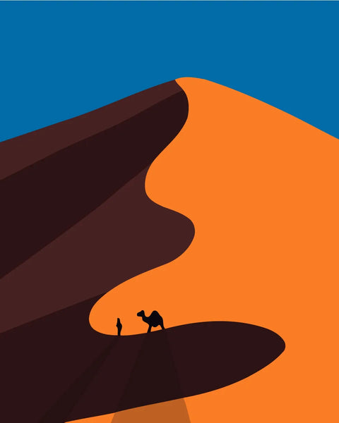 Minimalist painting of a desert dune with camel and traveler