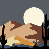Minimalist desert landscape with cacti, rolling dunes, and full moon