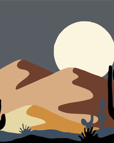 Minimalist desert landscape with cacti, rolling dunes, and full moon