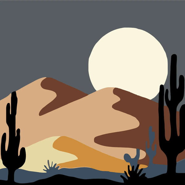 Minimalist desert landscape with cacti, rolling dunes, and full moon