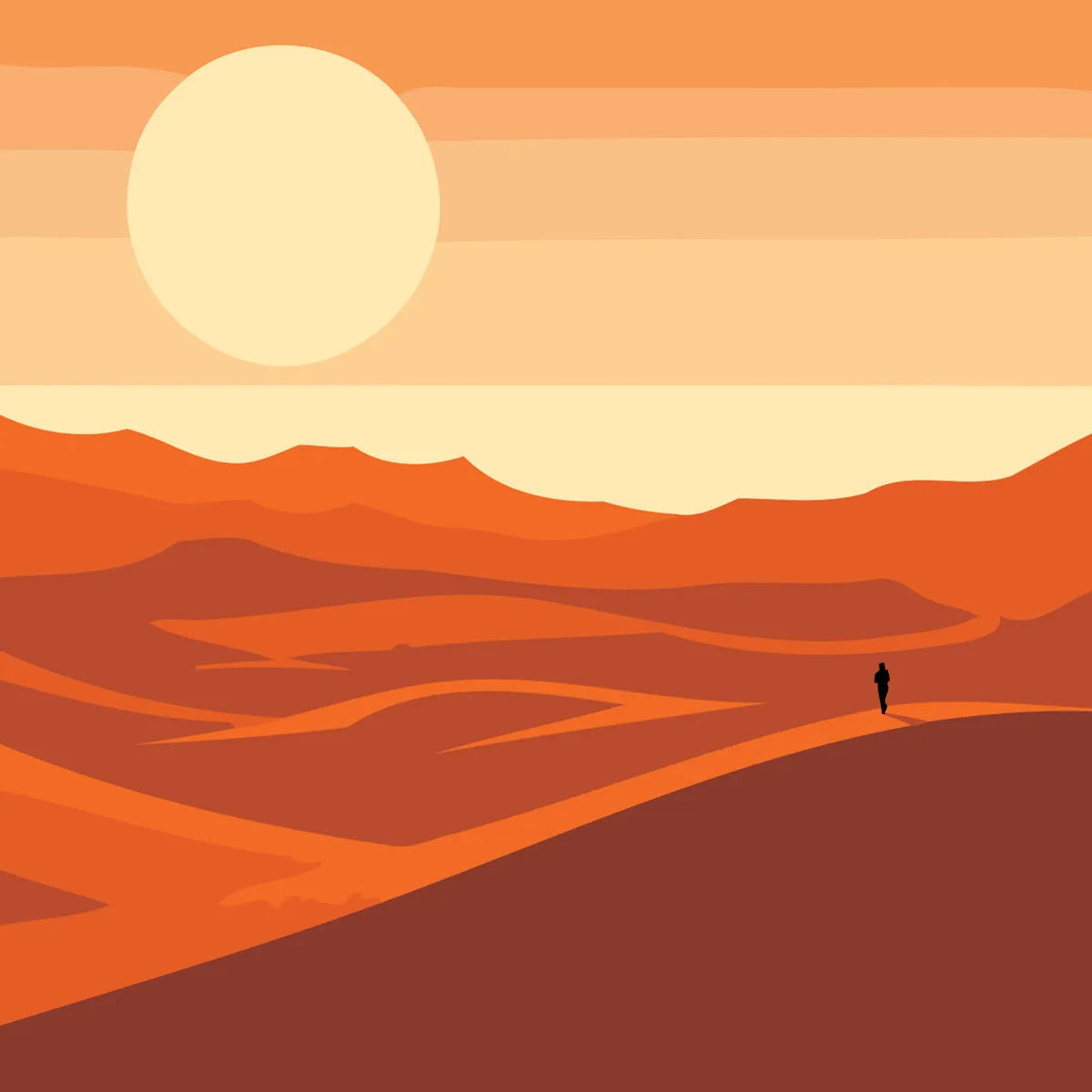 Minimalist desert landscape with a lone traveler under a large sun