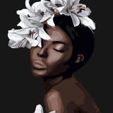 Portrait of a serene woman with white lilies on her head