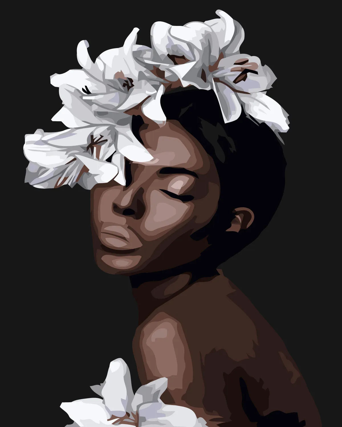 Portrait of a serene woman with white lilies on her head