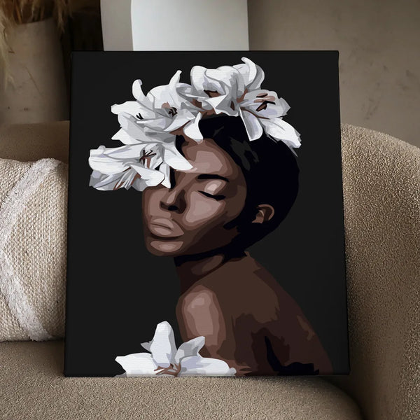 Portrait of a serene woman with white lilies on her head