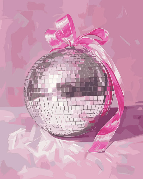 Shiny disco ball with pink ribbon on a pastel background