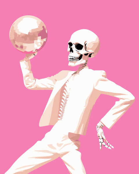 Skeleton in a white suit holding a disco ball on pink