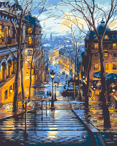 Romantic European cityscape with stairs lights and winter glow