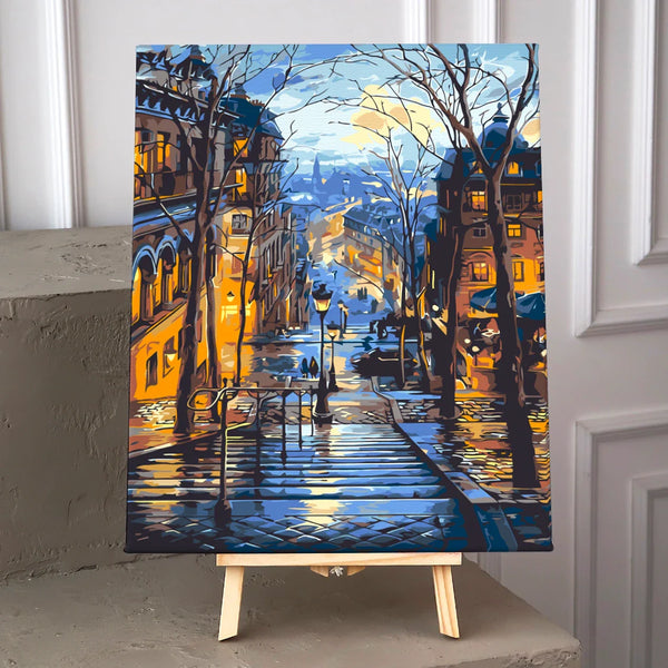 Romantic European cityscape with stairs lights and winter glow